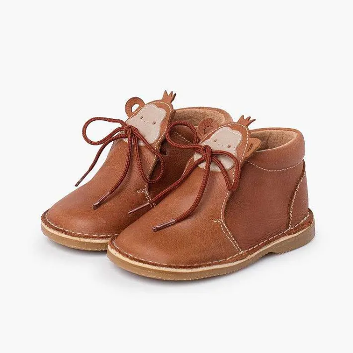 Botas<Pisamonas Botita Piel Cordones Cara Monito