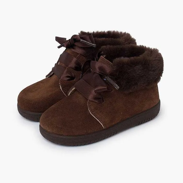Botas<Pisamonas Botitas Niña Serraje Cuello Pelo Cordones Raso
