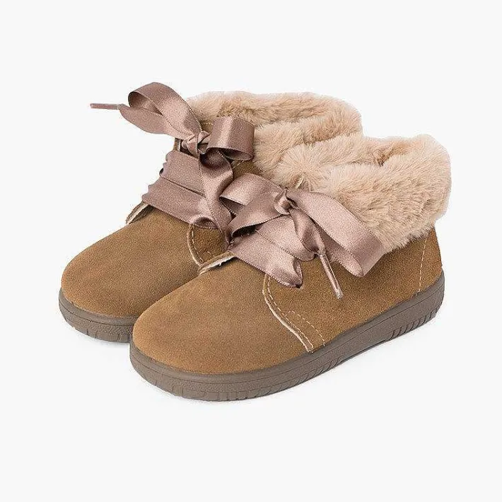 Botas<Pisamonas Botitas Niña Serraje Cuello Pelo Cordones Raso