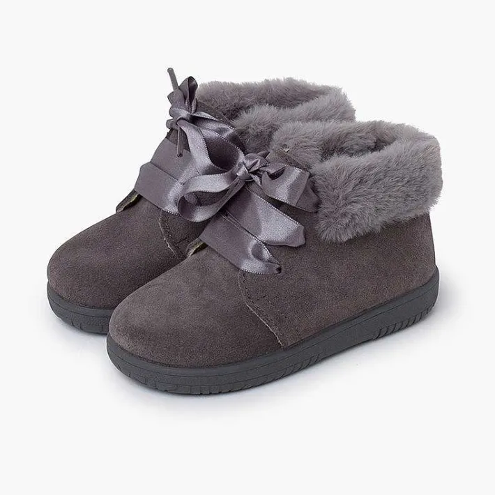 Botas<Pisamonas Botitas Niña Serraje Cuello Pelo Cordones Raso