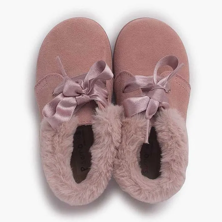 Botas<Pisamonas Botitas Niña Serraje Cuello Pelo Cordones Raso