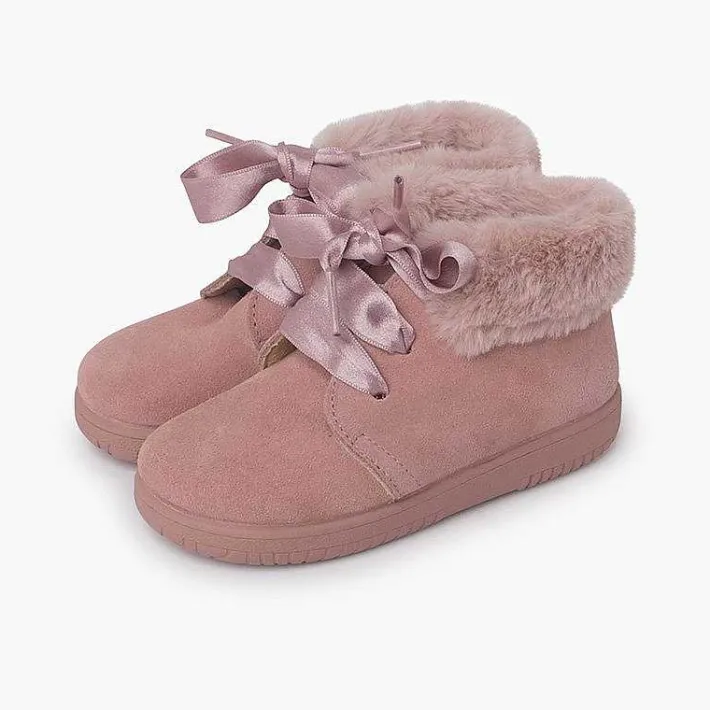 Botas<Pisamonas Botitas Niña Serraje Cuello Pelo Cordones Raso