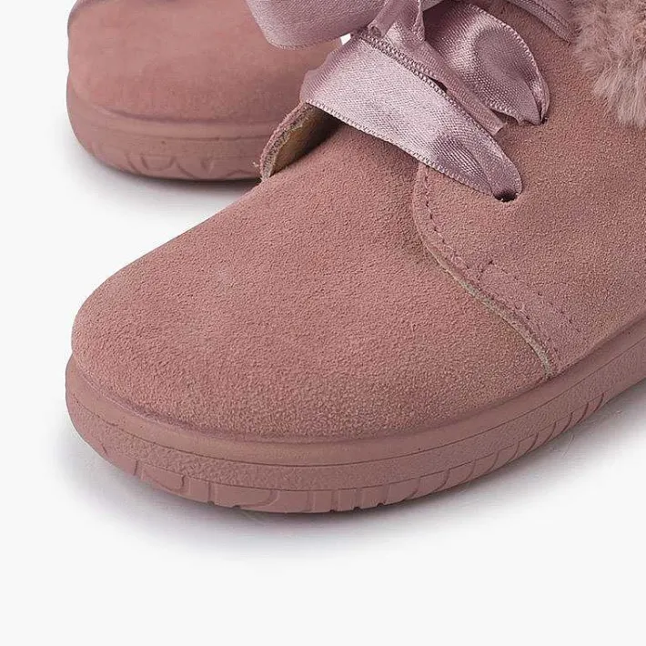 Botas<Pisamonas Botitas Niña Serraje Cuello Pelo Cordones Raso