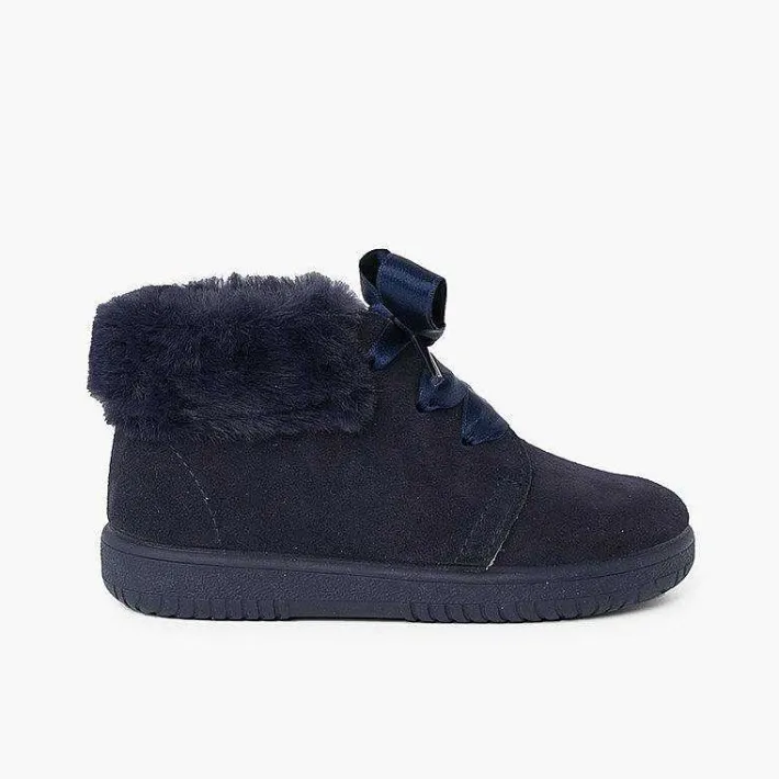 Botas<Pisamonas Botitas Niña Serraje Cuello Pelo Cordones Raso