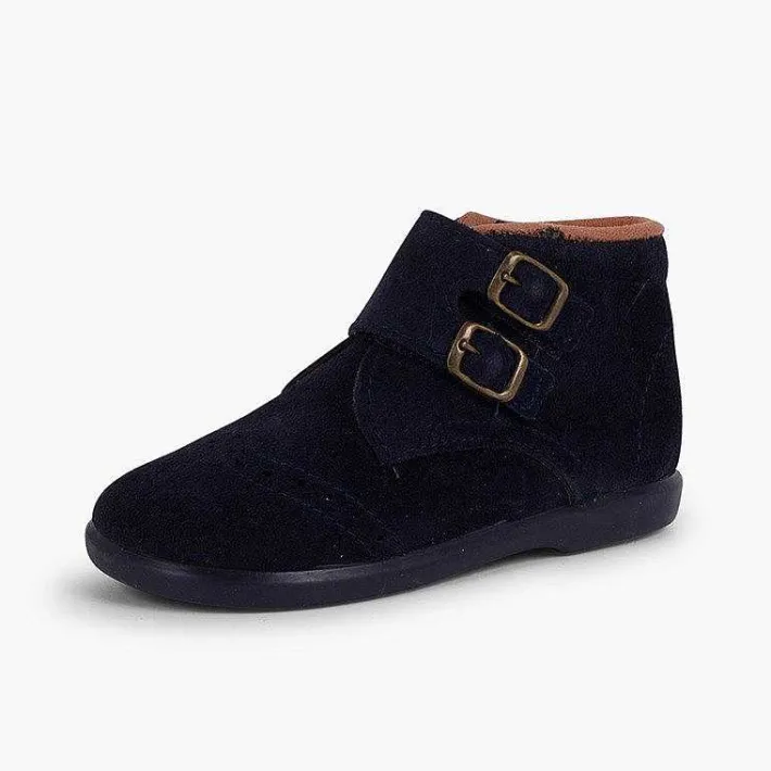 Botas<Pisamonas Botitas Piel Serraje Y Tira Adherente Adorno Hebillas