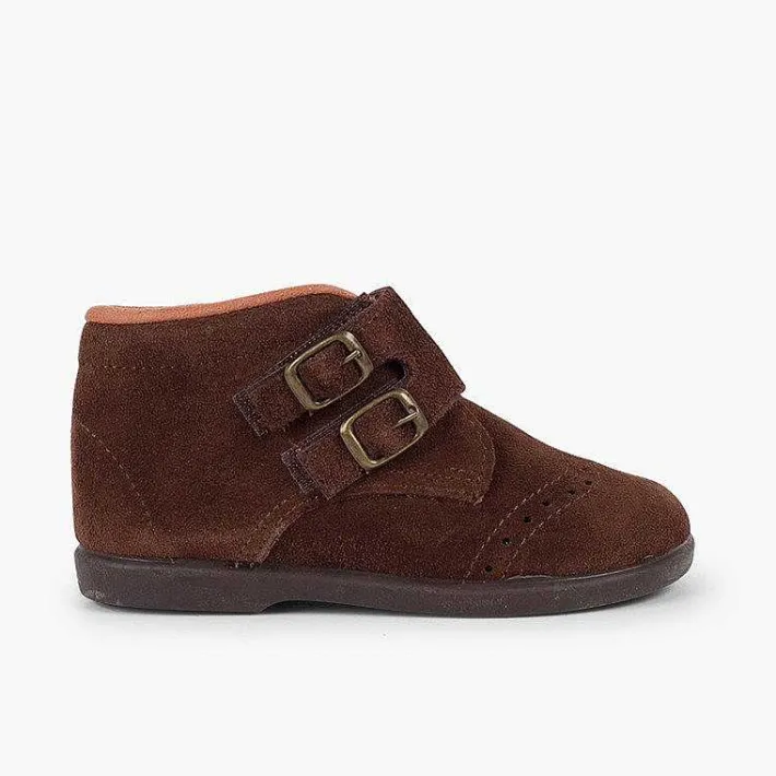 Botas<Pisamonas Botitas Piel Serraje Y Tira Adherente Adorno Hebillas