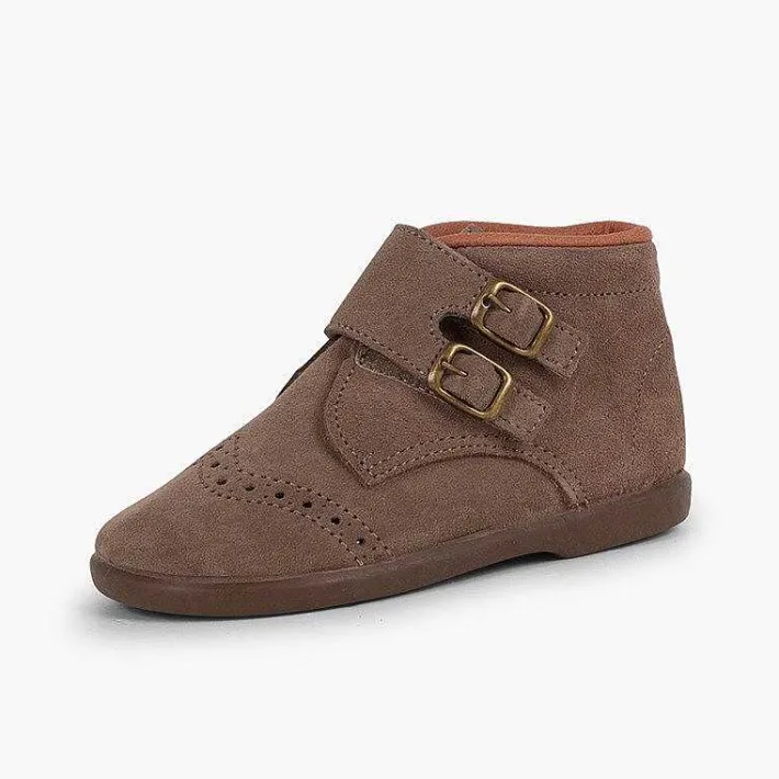 Botas<Pisamonas Botitas Piel Serraje Y Tira Adherente Adorno Hebillas