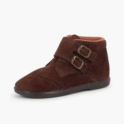 Botas<Pisamonas Botitas Piel Serraje Y Tira Adherente Adorno Hebillas