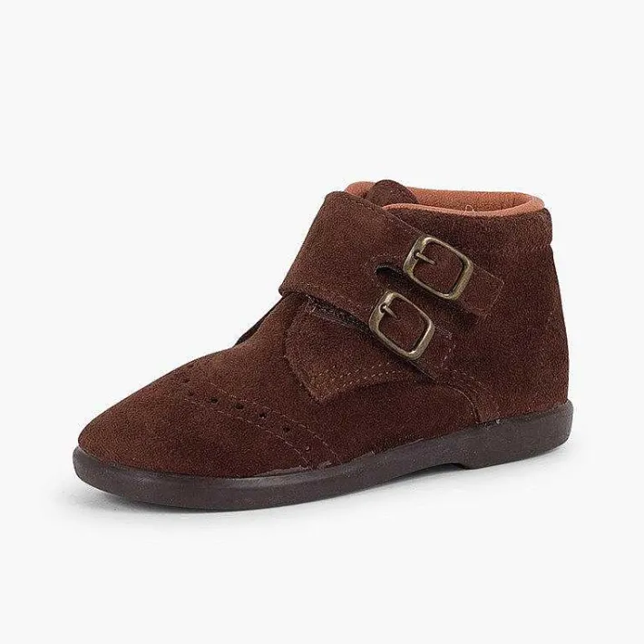 Botas<Pisamonas Botitas Piel Serraje Y Tira Adherente Adorno Hebillas
