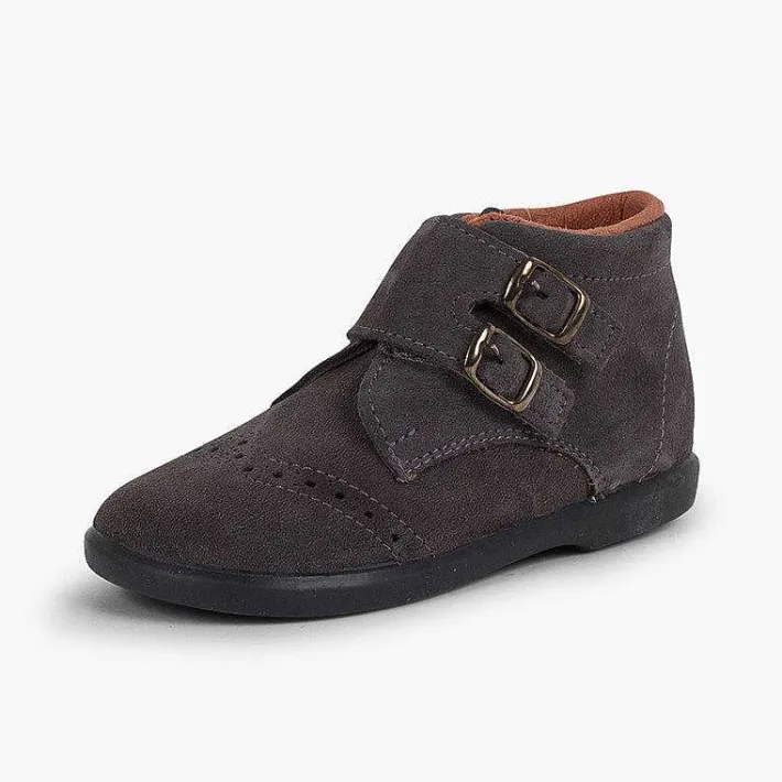 Botas<Pisamonas Botitas Piel Serraje Y Tira Adherente Adorno Hebillas