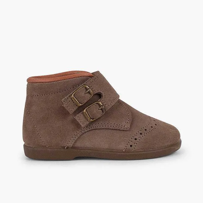 Botas<Pisamonas Botitas Piel Serraje Y Tira Adherente Adorno Hebillas