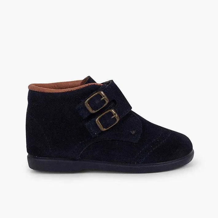 Botas<Pisamonas Botitas Piel Serraje Y Tira Adherente Adorno Hebillas