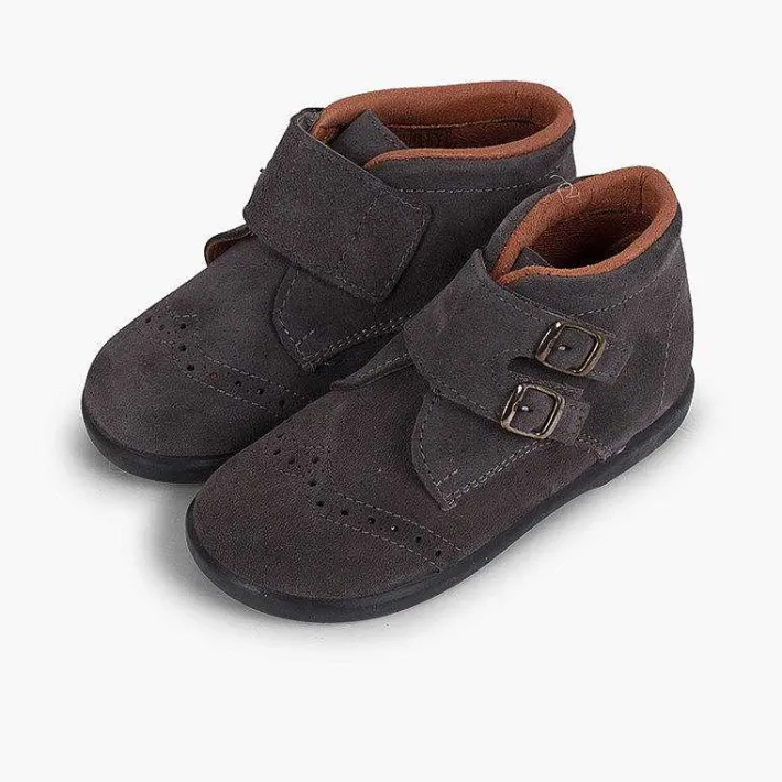 Botas<Pisamonas Botitas Piel Serraje Y Tira Adherente Adorno Hebillas