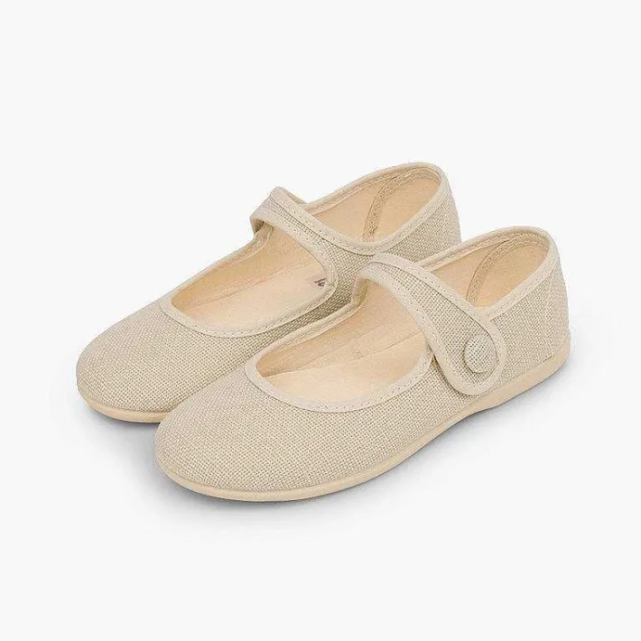 Zapatos Comunión<Pisamonas Mercedita Niña Lino Tira Adherente Boton